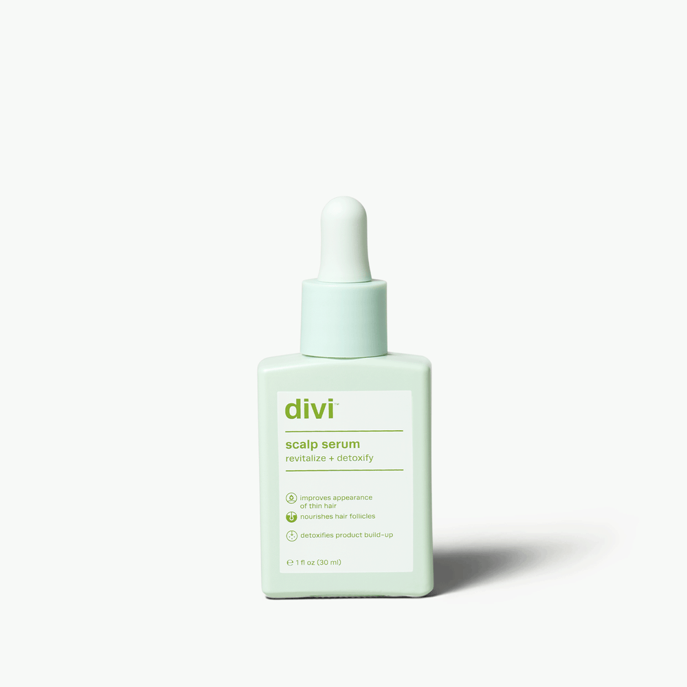 Divi Scalp Serum, 30 ml pale green bottle with matching dropper.